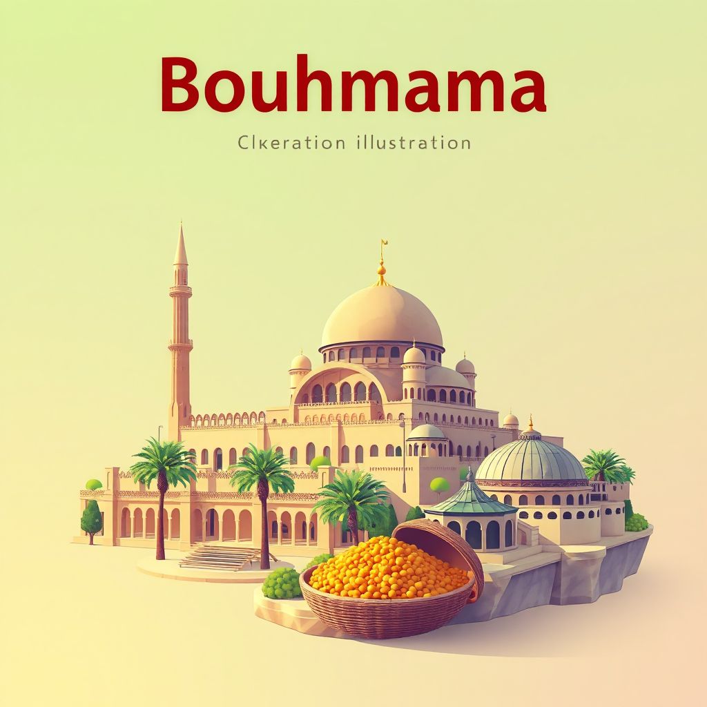 Ultra-high-definition gradient illustration style Bouhmama illustration, showing the unique charm of the Bouhmama Mosque, the Khenchela Museum, and couscous.