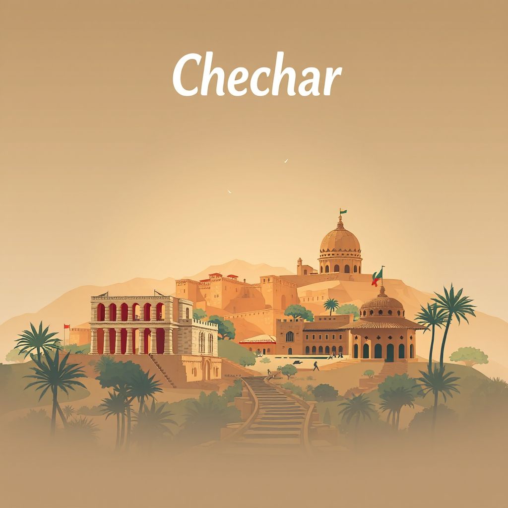 Ultra-high-definition gradient illustration style Chechar illustration, showing the unique charm of the ruins of the ancient Roman city of Djemila, traditional Algerian cuisine couscous.