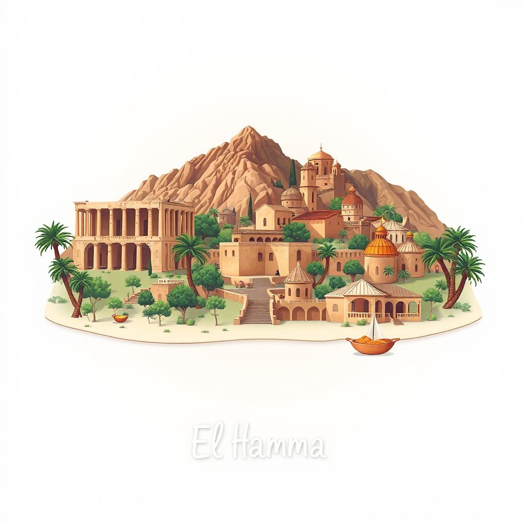 Ultra-high-definition gradient illustration style El Hamma illustration, showing the unique charm of the Roman ruins of Tiddis, the beautiful landscapes of Djebel El Ancer.