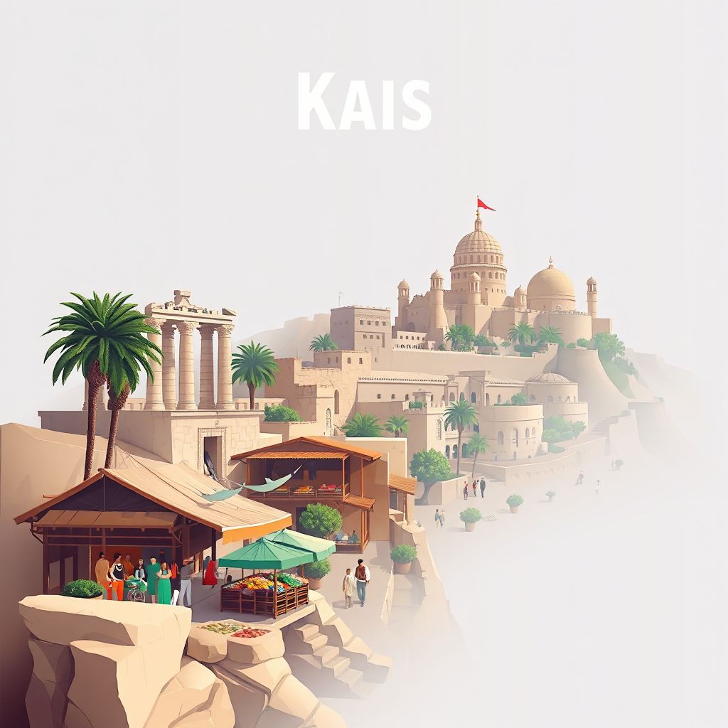 Ultra-high-definition gradient illustration style Kais illustration, showing the unique charm of the Roman ruins of Djemila, the traditional Algerian market, and the local cuisine couscous.