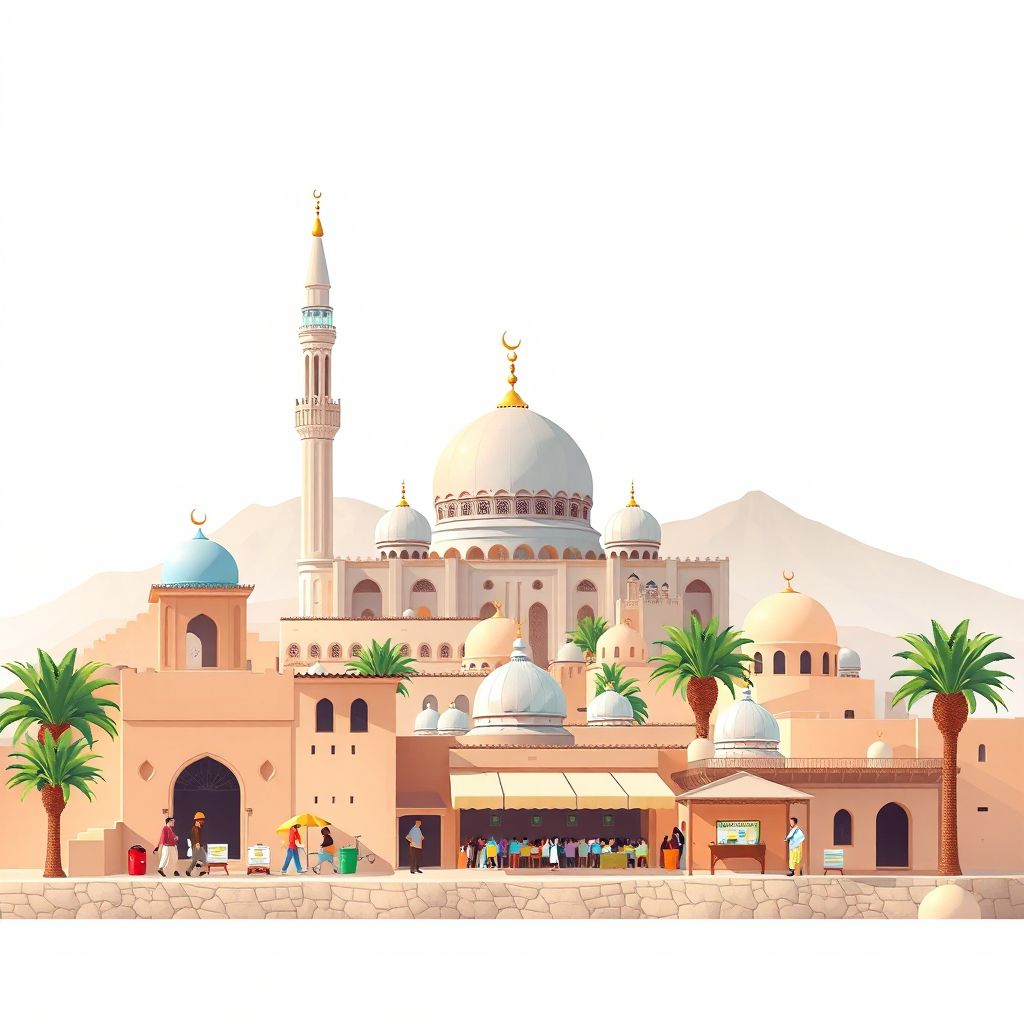Ultra-high-definition gradient illustration style Ain Madhi illustration, showing the unique charm of the Ain Madhi Mosque, the Ain Madhi Market, and the Ain Madhi Oasis.