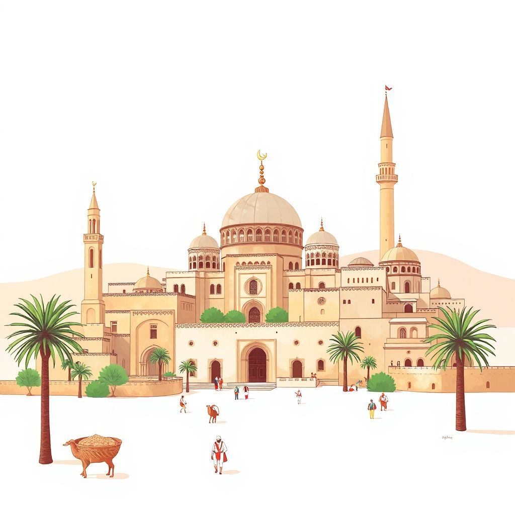 Ultra-high-definition gradient illustration style Gueltat Sidi Saad illustration, showing the unique charm of the Laghouat Mosque, the ancient Kasbah, and couscous.