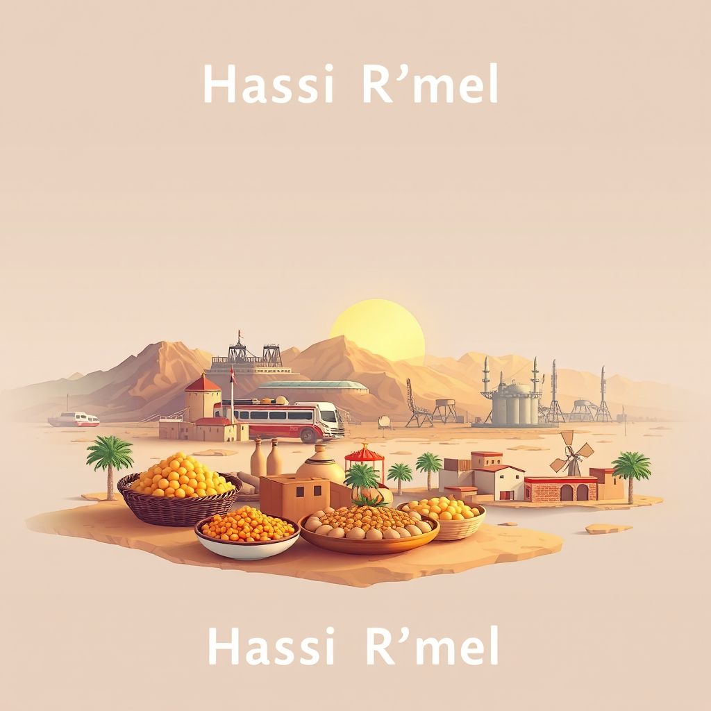 Ultra-high-definition gradient illustration of Hassi R'mel, featuring the Hassi R'mel Gas Field and local cuisine like Couscous.