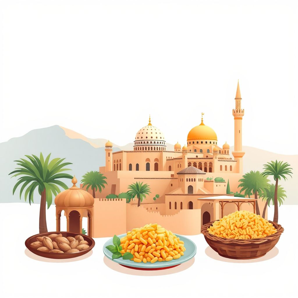 Ultra-high-definition gradient illustration style Sidi Makhlouf illustration, showing the unique charm of the Laghouat Mosque, the Kasbah of Laghouat, and couscous.