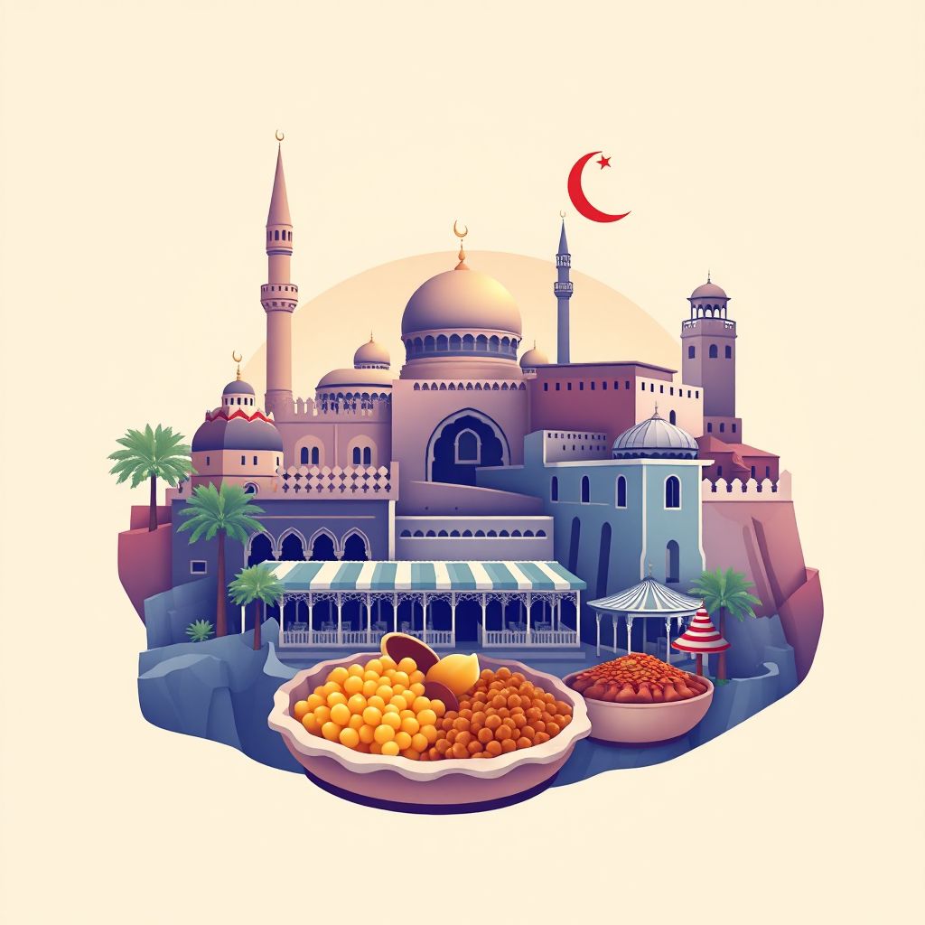 Ultra-high-definition gradient illustration of Ain Fares, featuring the Ain Fares Mosque, the Ain Fares Market, and the Ain Fares Fort.
