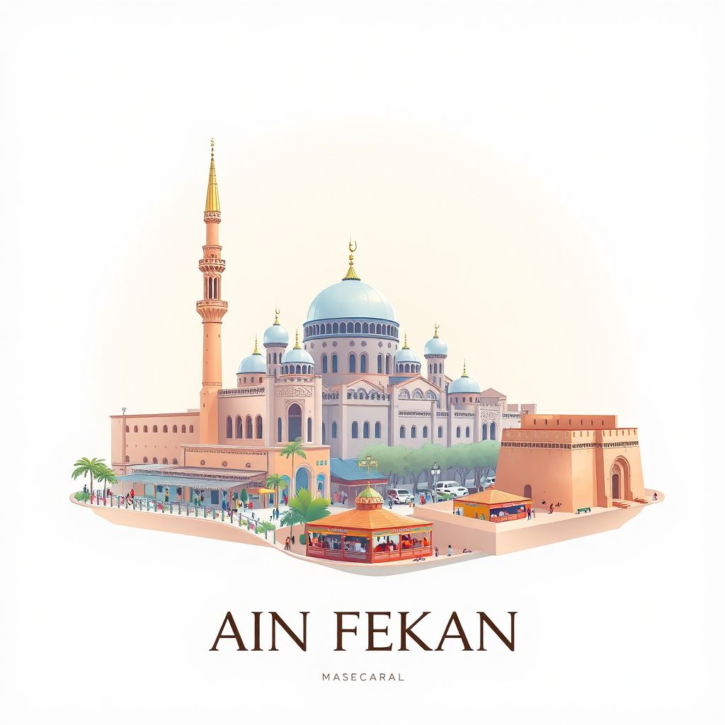 Ultra-high-definition gradient illustration style Ain Fekan illustration, showing the unique charm of the Ain Fekan Mosque, the Ain Fekan Market, and the Ain Fekan Fort.