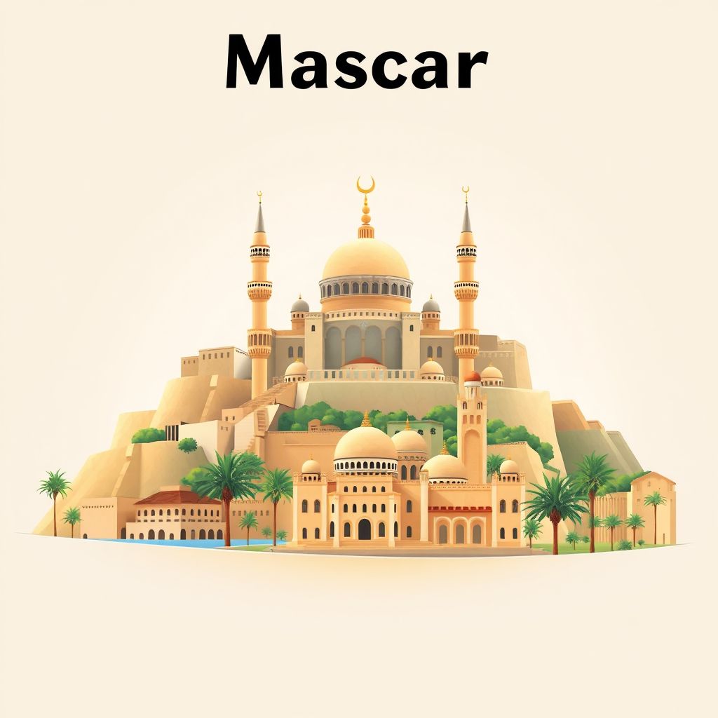Ultra-high-definition gradient illustration style Aouf, Aouf, Mascara, Algeria illustration, showing the unique charm of the Mascara Citadel, the Great Mosque of Mascara.