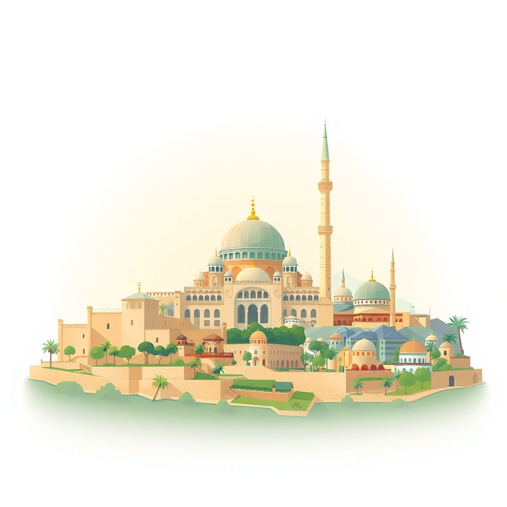 Ultra-high-definition gradient illustration style Bouhanifia illustration, showing the unique charm of the Great Mosque of Mascara and the beautiful landscapes of the region.