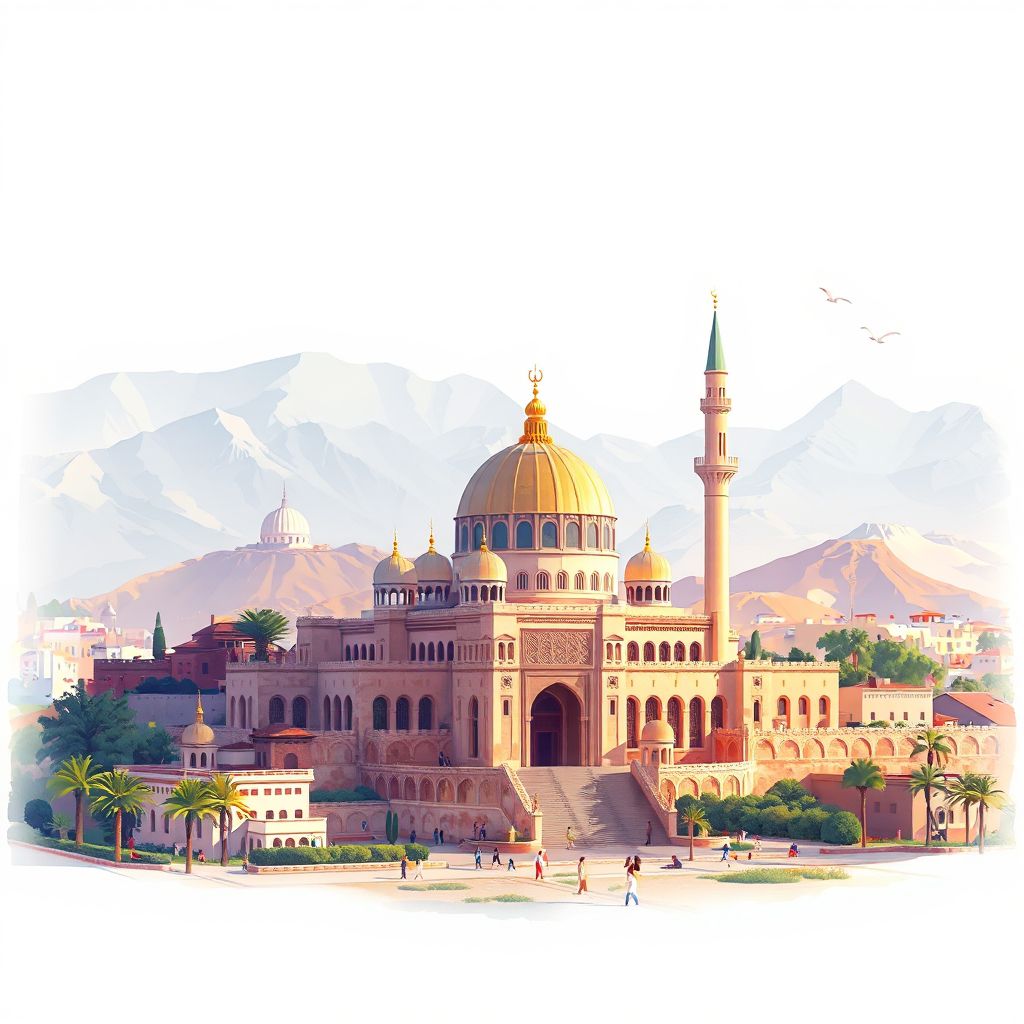 Ultra-high-definition gradient illustration style Ghriss illustration, showing the unique charm of the Ghriss Mosque and the beautiful landscapes of the surrounding area.
