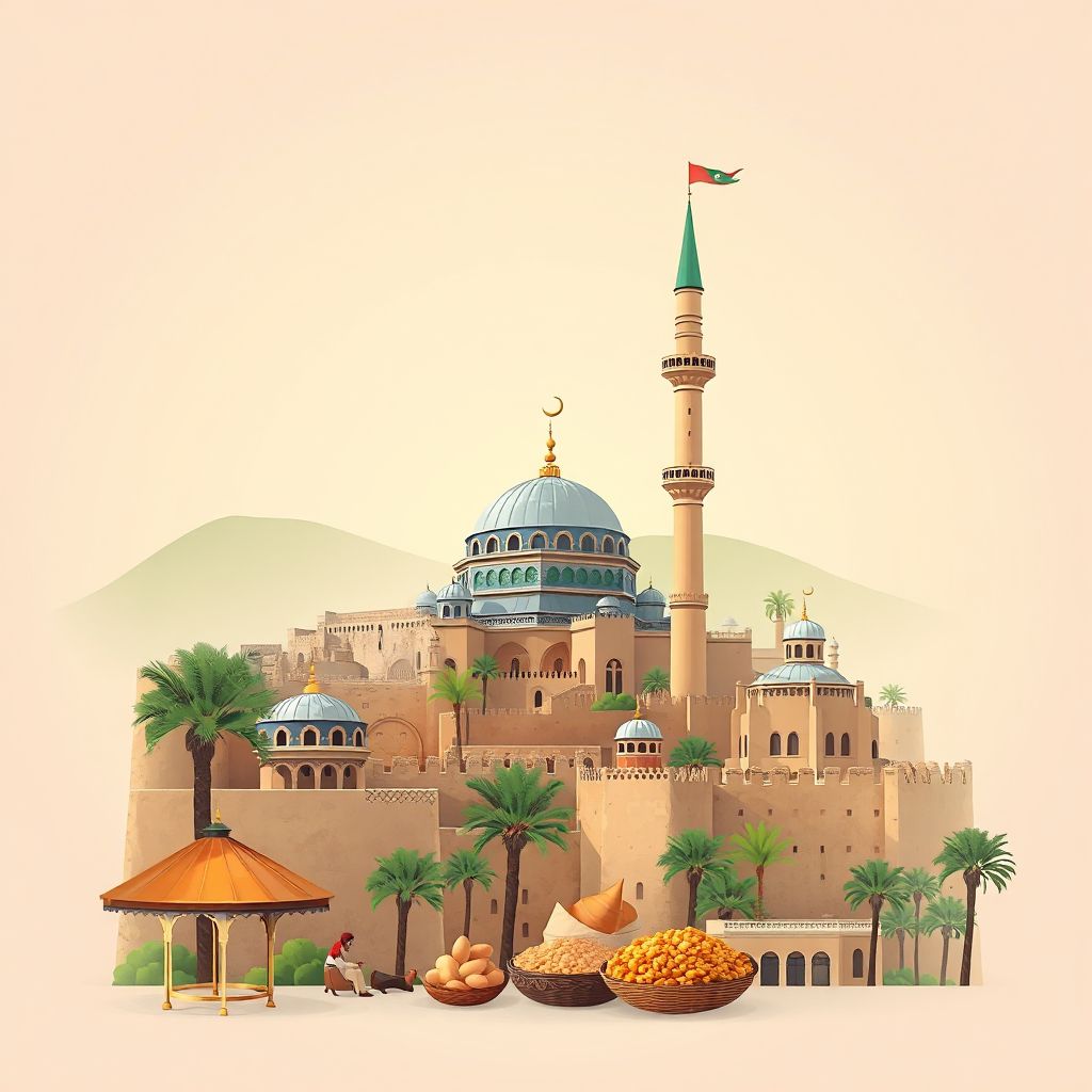 Ultra-high-definition gradient illustration style Hachem illustration, showing the unique charm of the Great Mosque of Mascara, the historic city walls.