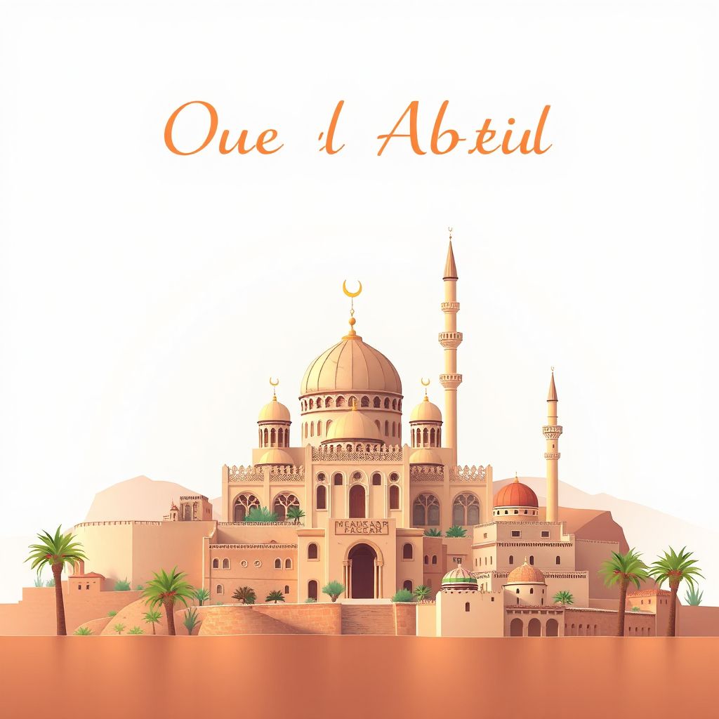 Ultra-high-definition gradient illustration style Oued El Abtal illustration, showing the unique charm of the Great Mosque of Mascara and the historic Kasbah of Mascara.