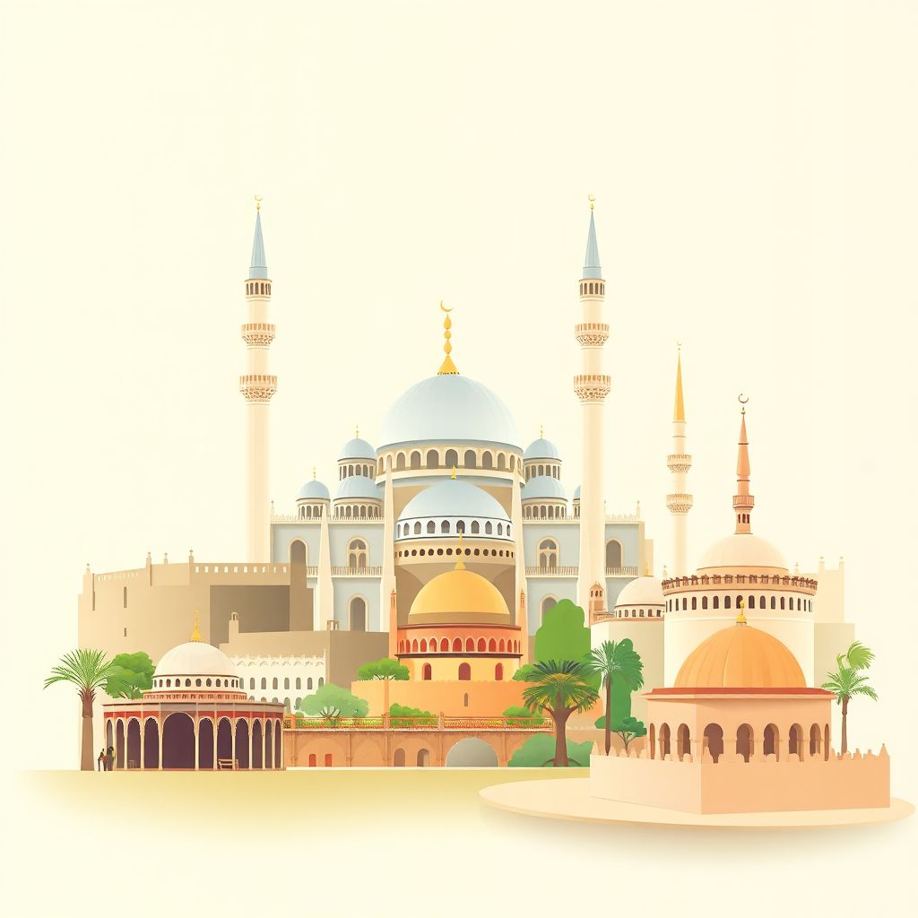 Ultra-high-definition gradient illustration style Sig illustration, showing the unique charm of the Great Mosque of Mascara, the ruins of Tlemcen.