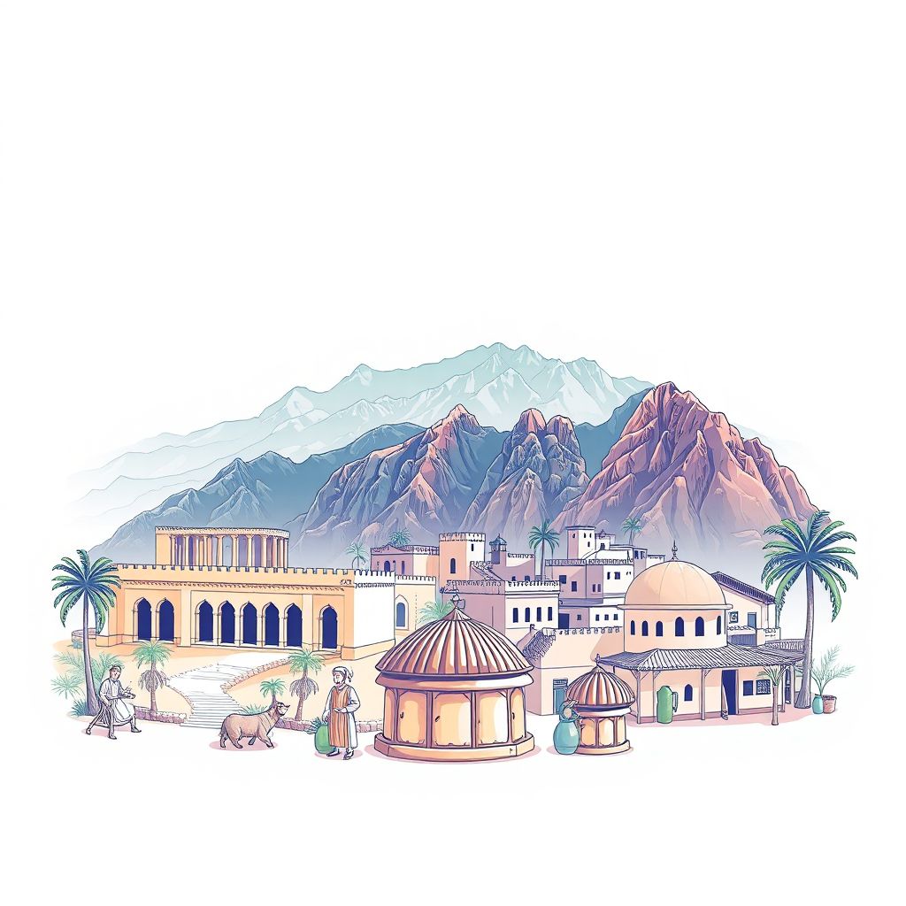 Ultra-high-definition gradient illustration style Chellalat El Adhaoura illustration, showing the unique charm of the historic ruins of Djebel Irhoud, the Atlas Mountains.