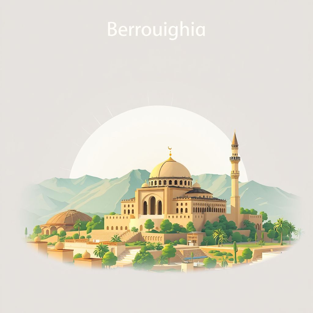 Ultra-high-definition gradient illustration style Berrouaghia illustration, showing the unique charm of the Berrouaghia Mosque and the surrounding mountains.