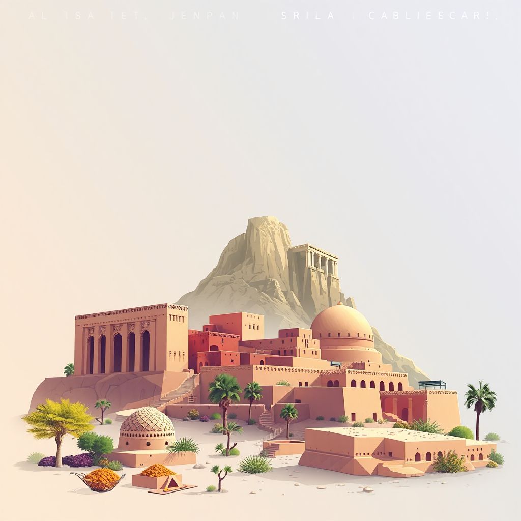 Ultra-high-definition gradient illustration style Ben Srour illustration, showing the unique charm of the ancient ruins of Djebel Aouane and couscous.
