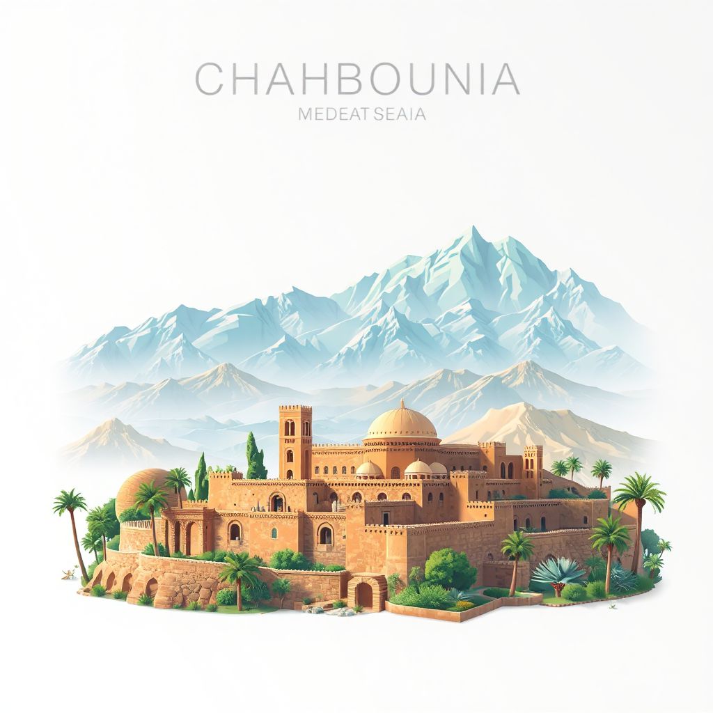 Ultra-high-definition gradient illustration style Chahbounia illustration, showing the unique charm of the ancient ruins of Djemaa el Kebir and the surrounding mountains.