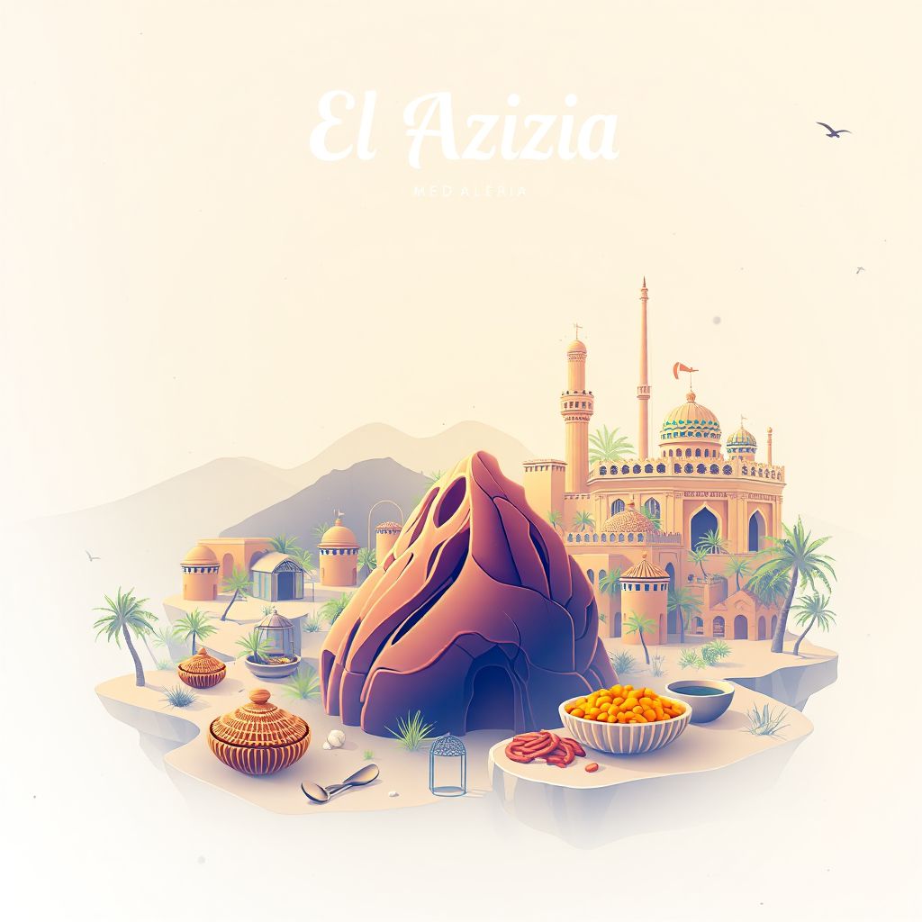 Ultra-high-definition gradient illustration style image of El Azizia, featuring the El Azizia Meteorite and couscous.