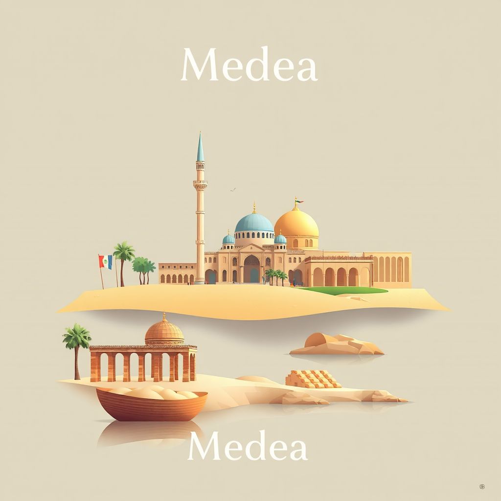 Ultra-high-definition gradient illustration style Medea illustration, showing the unique charm of the Sidi Naamane Mosque, the ruins of the ancient Roman city of Altava, and couscous.