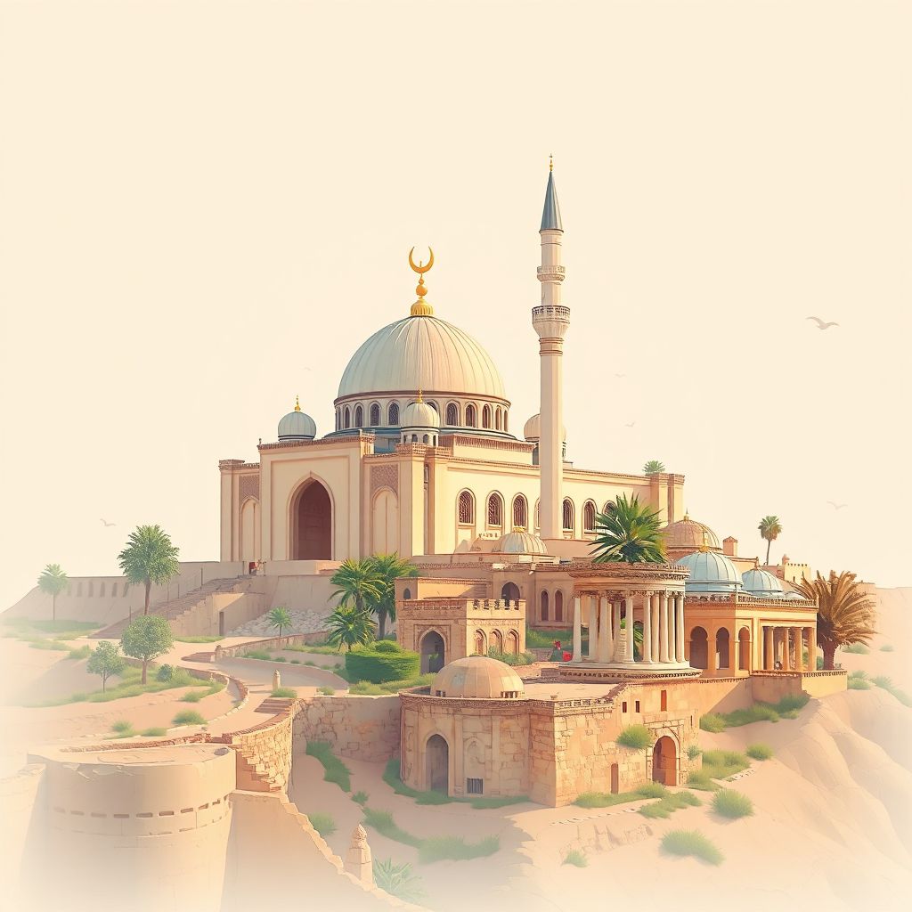 Ultra-high-definition gradient illustration style El Omaria illustration, showing the unique charm of the Great Mosque of Medea and the historic ruins of the Roman city of Sidi Rached.