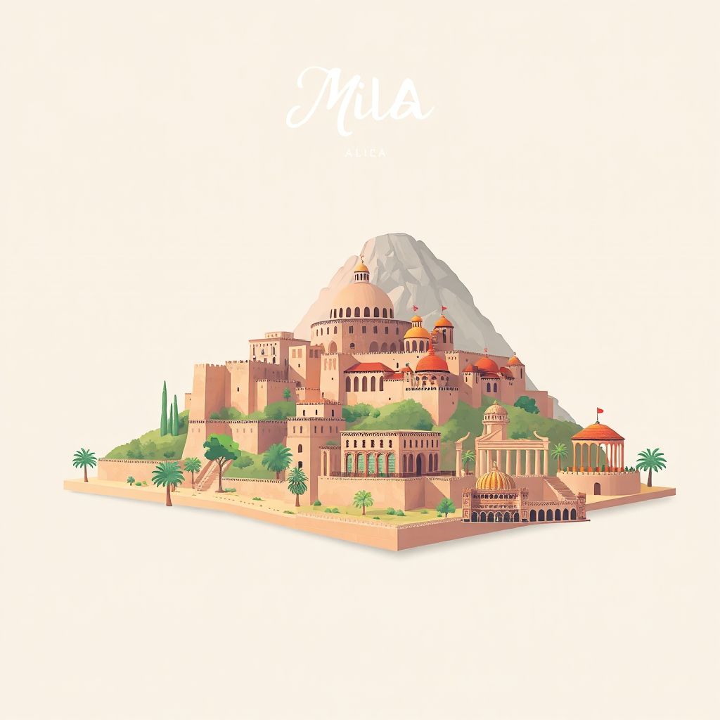 Ultra-high-definition gradient illustration style Mila illustration, showing the unique charm of the Kasbah of Mila, the Roman ruins of Djebel Tamentfoust.