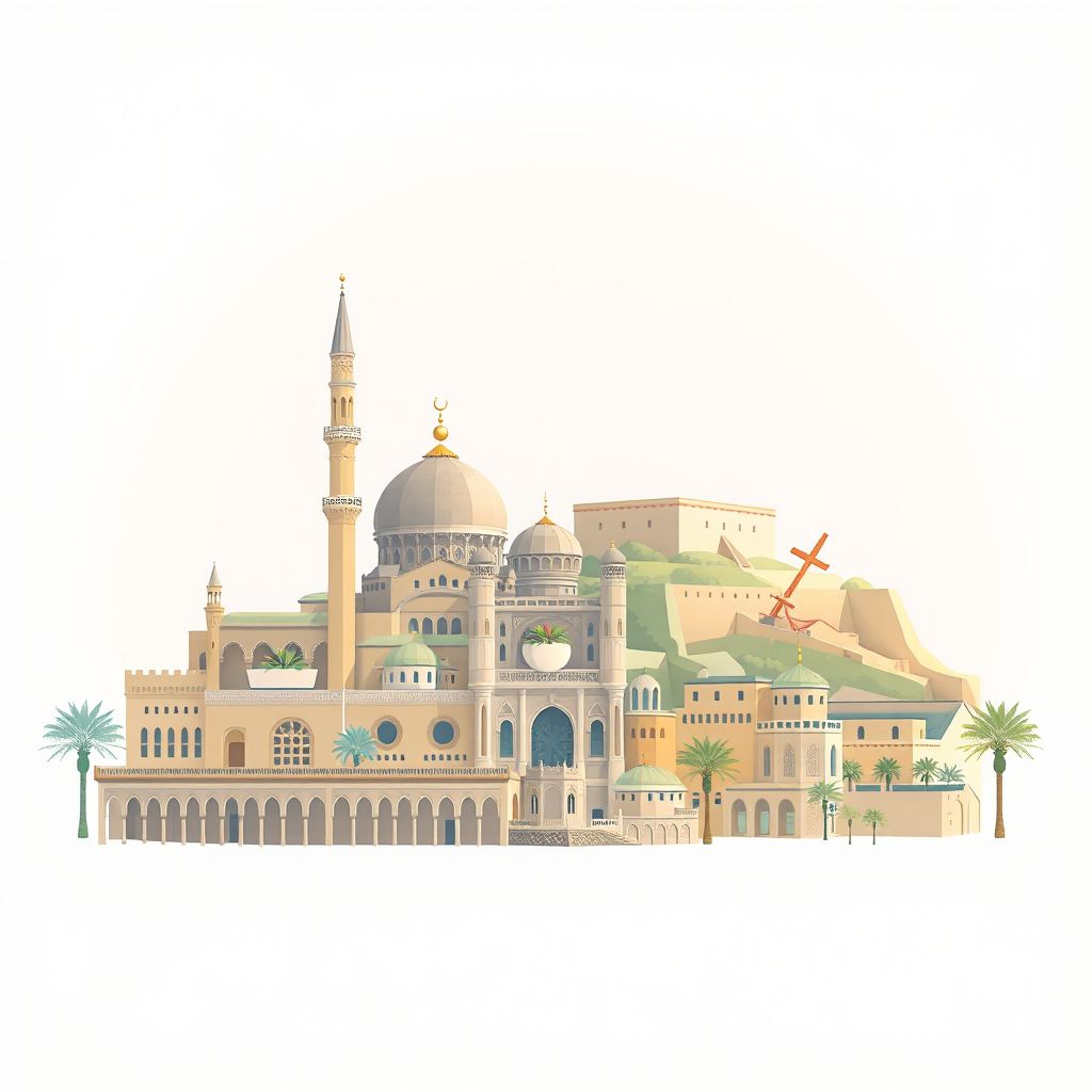 Ultra-high-definition gradient illustration style Ouamri illustration, showing the unique charm of the Ouamri Mosque, the Ouamri Market, and the Ouamri Fortress.
