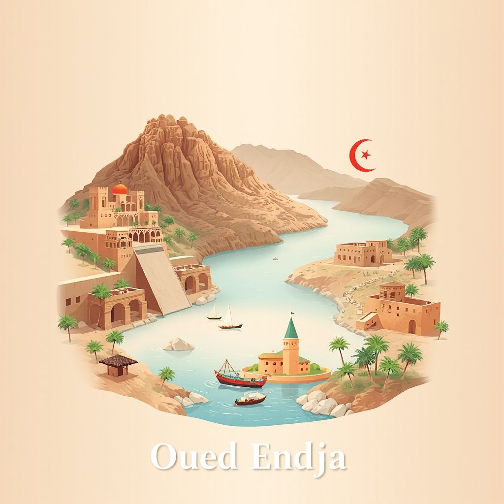 Ultra-high-definition gradient illustration style Oued Endja illustration, showing the unique charm of the Oued Endja Dam, the historic ruins of Djebel Taya.