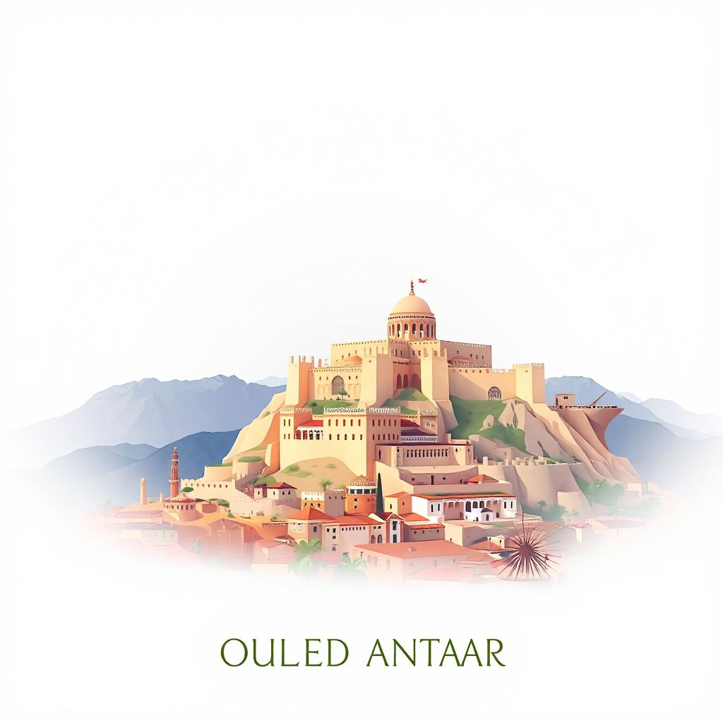 Ultra-high-definition gradient illustration style Ouled Antar illustration, showing the unique charm of the Medea Citadel and the beautiful landscapes of the Ouled Antar region.