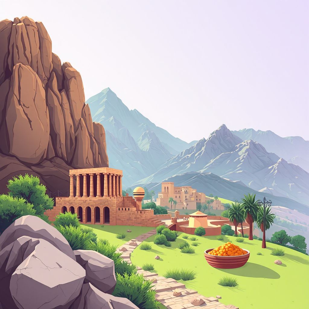 Ultra-high-definition gradient illustration style Rouached illustration, showing the unique charm of the historic ruins of Djebel Aissa and the scenic beauty of the surrounding mountains.