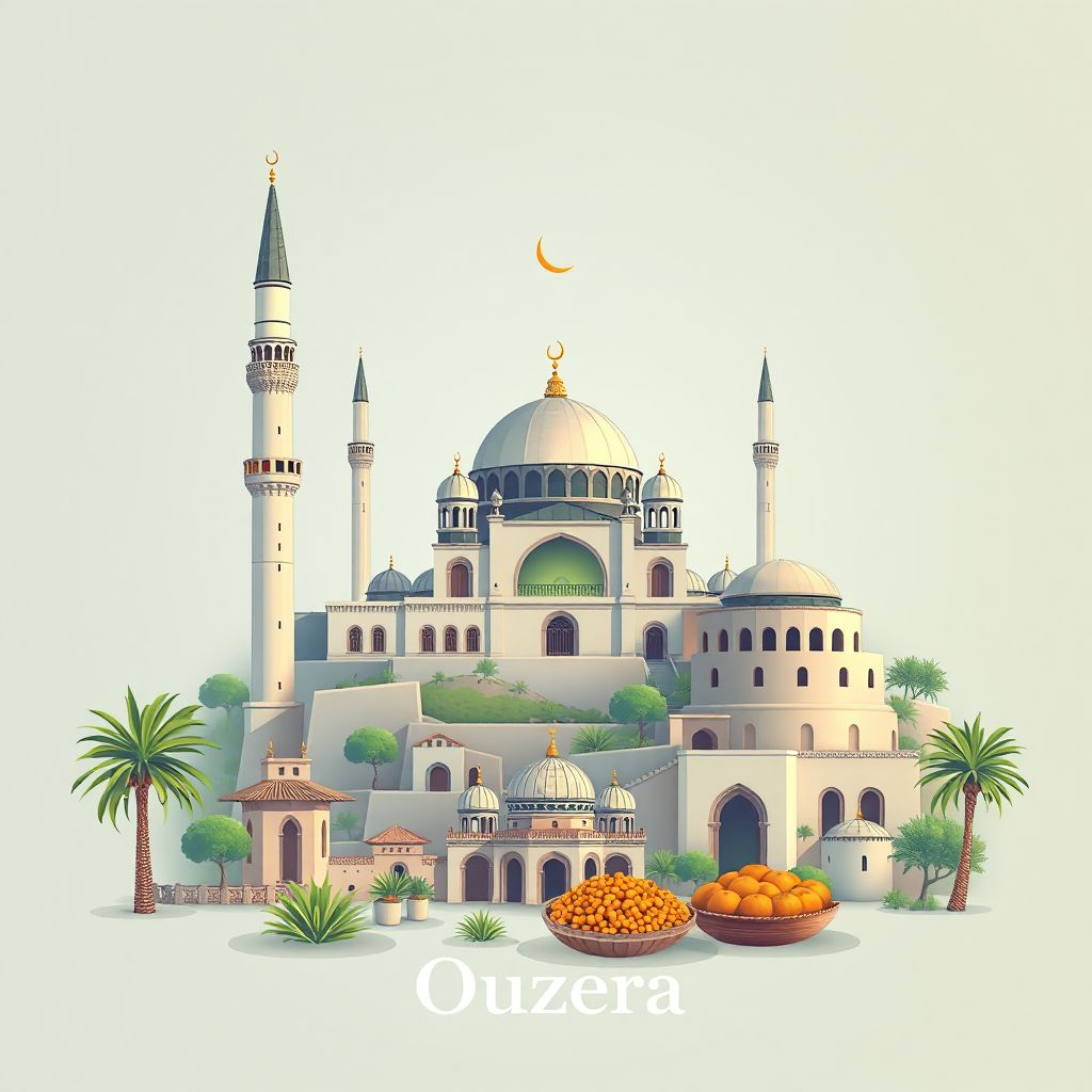 Ultra-high-definition gradient illustration style Ouzera illustration, showing the unique charm of the Ouzera Mosque, the historic ruins of Ouzera.