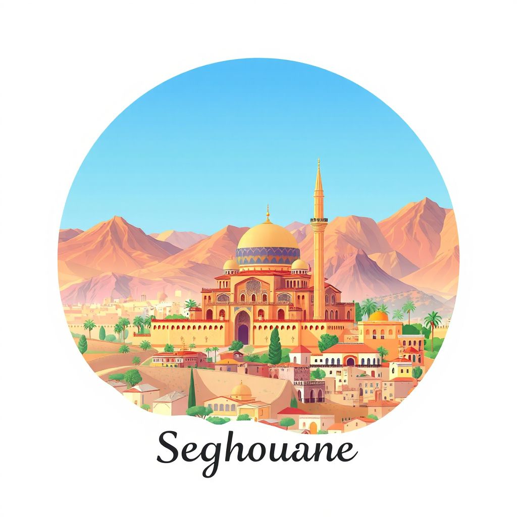 Ultra-high-definition gradient illustration style Seghouane illustration, showing the unique charm of the Sidi Naamane Mosque and the surrounding mountains.