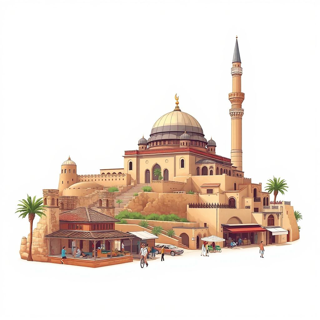 Ultra-high-definition gradient illustration style Tadjenanet illustration, showing the unique charm of the Tadjenanet Mosque and the historic ruins of the ancient city.