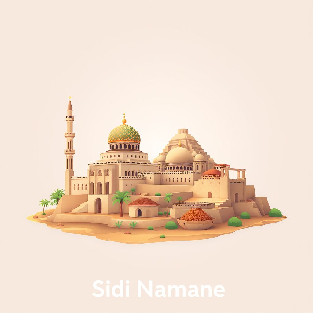 Ultra-high-definition gradient illustration style Sidi Naamane illustration, showing the unique charm of the Sidi Naamane Mosque, the ancient ruins of Djebel Aissa.