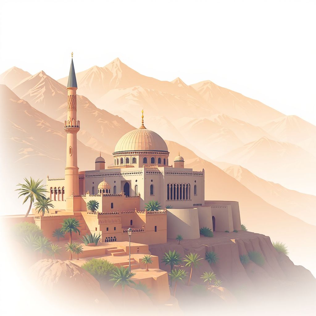 Ultra-high-definition gradient illustration style Si Mahdjoub illustration, showing the unique charm of the Si Mahdjoub Mosque and the surrounding mountains.
