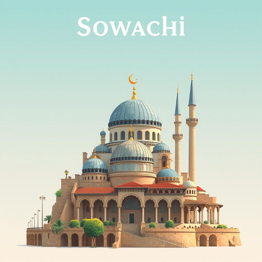 Ultra-high-definition gradient illustration style Souaghi illustration, showing the unique charm of the Medea Mosque, the Souaghi Market, and the historic ruins of the Roman city of Djemaa Ghazouat.
