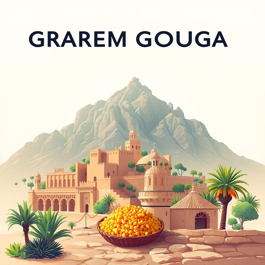 Ultra-high-definition gradient illustration style Grarem Gouga illustration, showing the unique charm of the ancient ruins of Djebel Aïssa and the historic Kasbah of Mila.