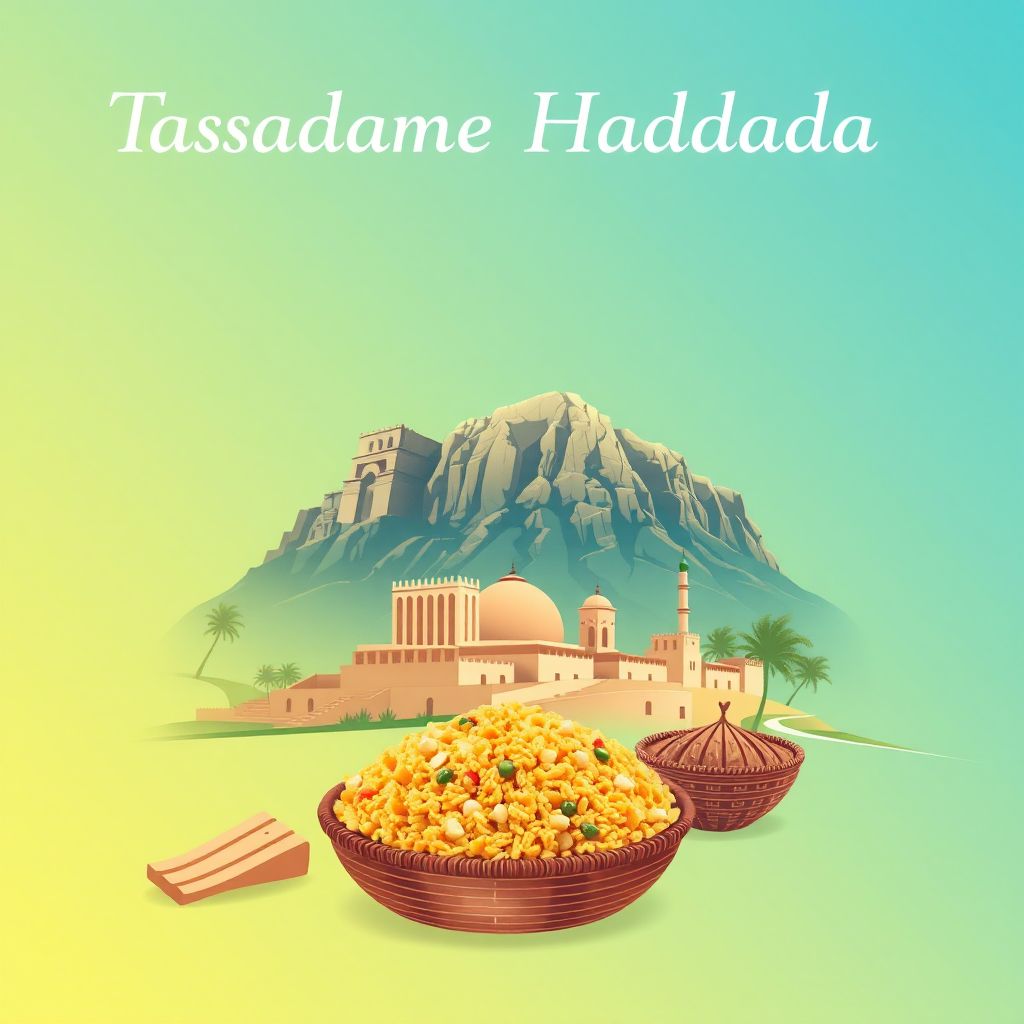 Ultra-high-definition gradient illustration style image of Tassadane Haddada, Mila, Algeria, featuring the ancient ruins of Djebel Taya and couscous.