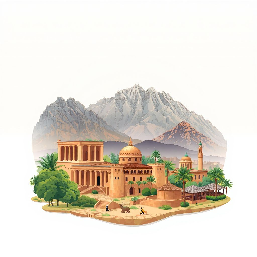 Ultra-high-definition gradient illustration style Teleghma illustration, showing the unique charm of the ancient ruins of Djebel Tamentfoust and the beautiful landscapes of the Tlemcen Mountains.