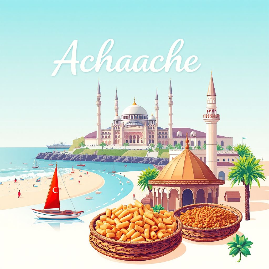Ultra-high-definition gradient illustration style Achaacha illustration, showing the unique charm of Mostaganem Beach, the Mosque of Sidi Boumediene.