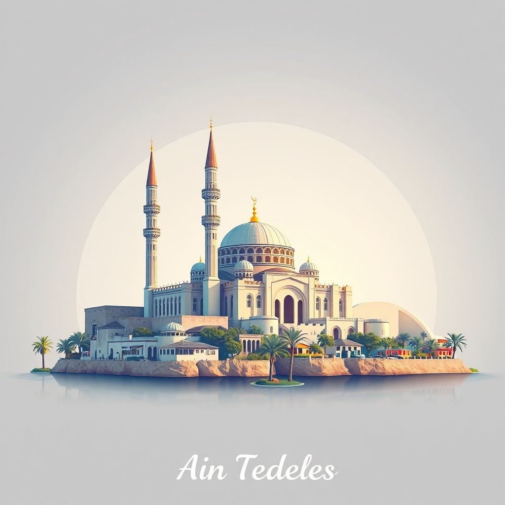 Ultra-high-definition gradient illustration style Ain Tedeles illustration, showing the unique charm of the Ain Tedeles Mosque and the beautiful landscapes of the region.