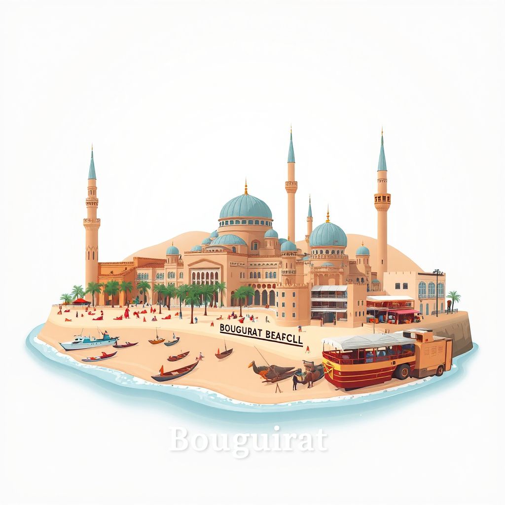 Ultra-high-definition gradient illustration style Bouguirat illustration, showing the unique charm of the Bouguirat Mosque, the Bouguirat Beach, and the Bouguirat Market.