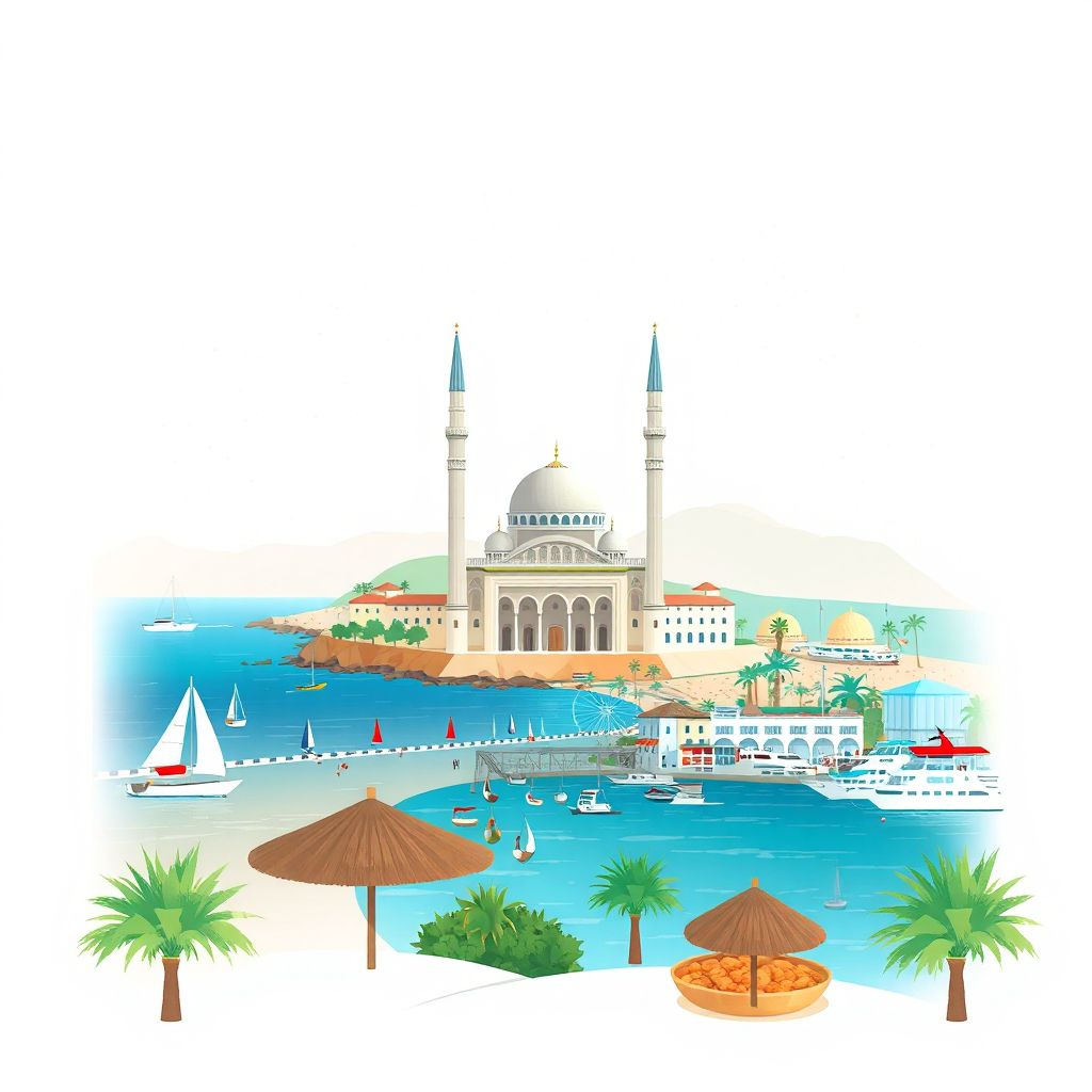 Ultra-high-definition gradient illustration style Hassi Mameche illustration, showing the unique charm of the Sidi Lakhdar Mosque and the beautiful beaches of Mostaganem.