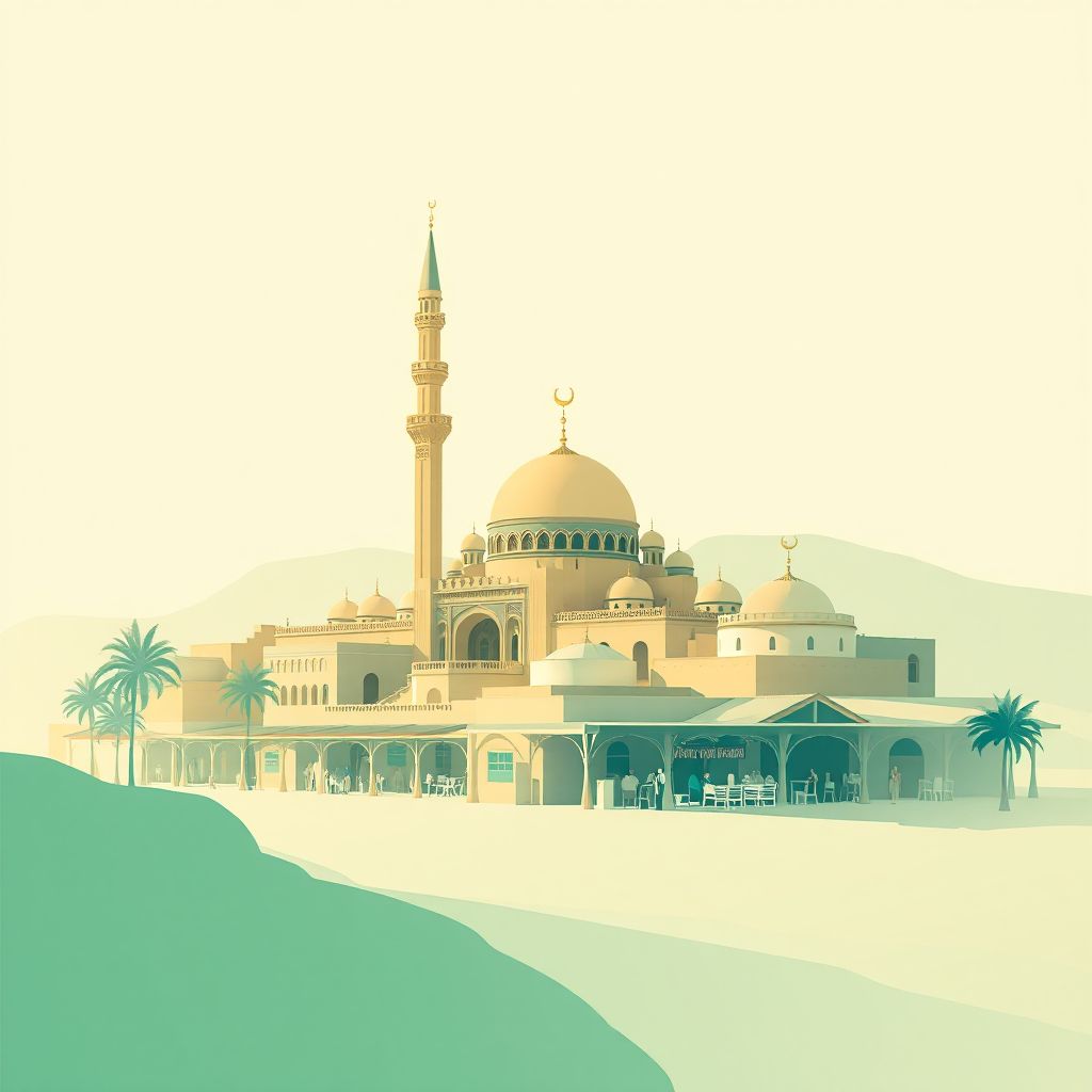 Ultra-high-definition gradient illustration style Ain El Melh illustration, showing the unique charm of the Ain El Melh Mosque, and the Ain El Melh Market.