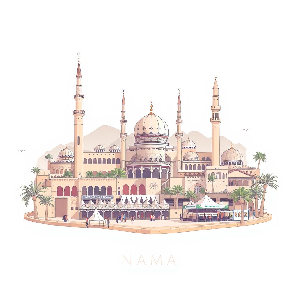 Ultra-high-definition gradient illustration style Naama illustration, showing the unique charm of the Naama Mosque, the Naama Market, and the Naama Oasis.