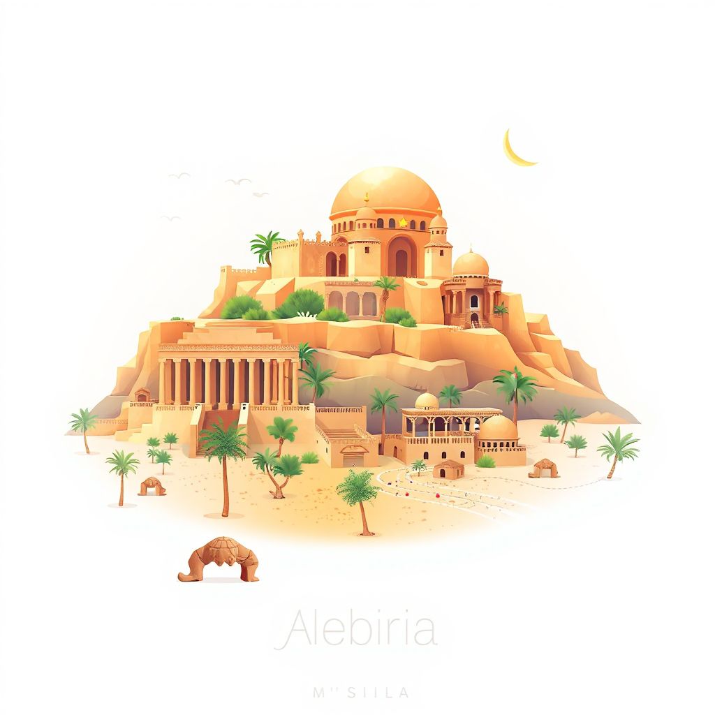 Ultra-high-definition gradient illustration style Chellal illustration, showing the unique charm of the historic ruins of Tiddis, the scenic beauty of the Saharan landscapes.