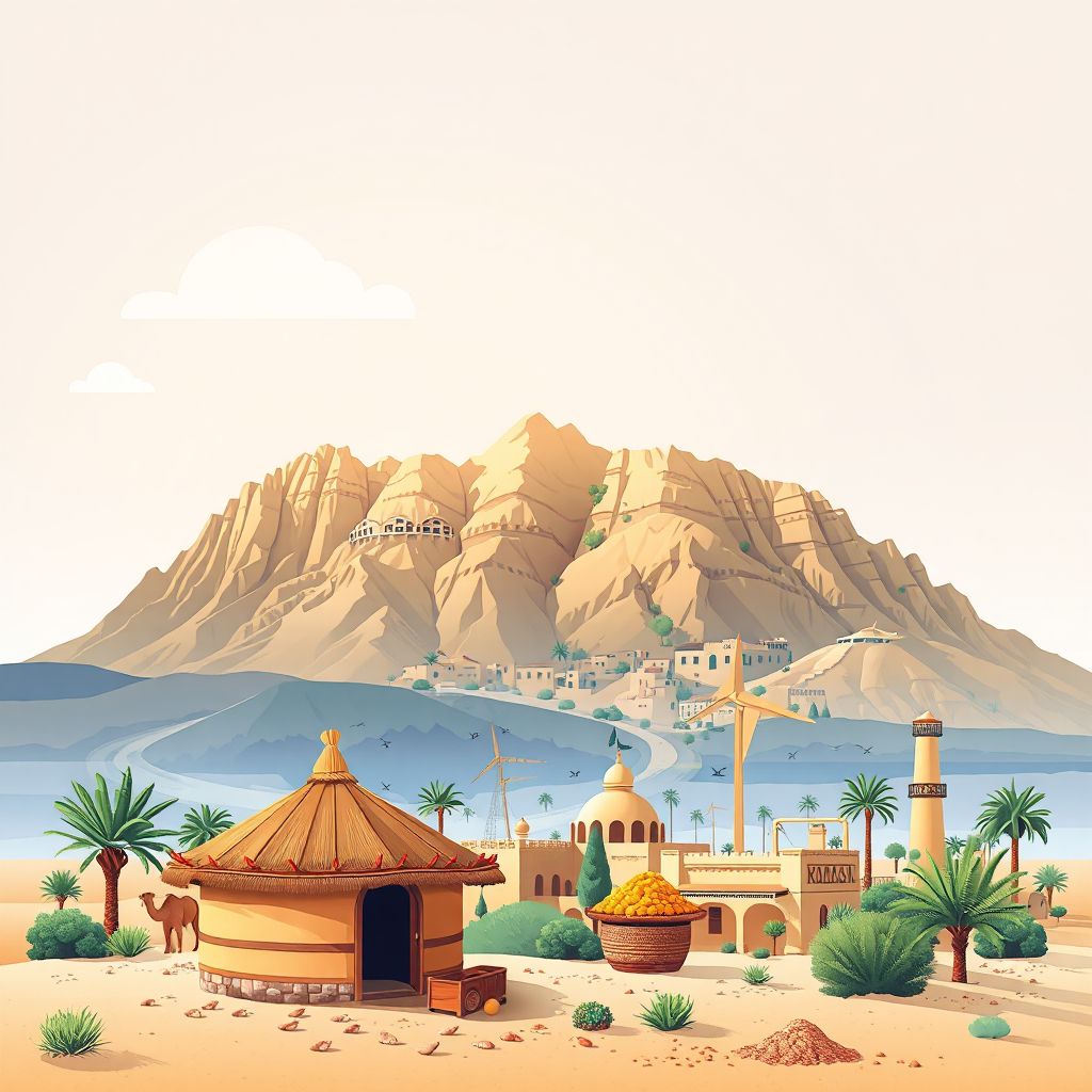 Ultra-high-definition gradient illustration style Sfissifa illustration, showing the unique charm of the Tassili n'Ajjer and couscous.