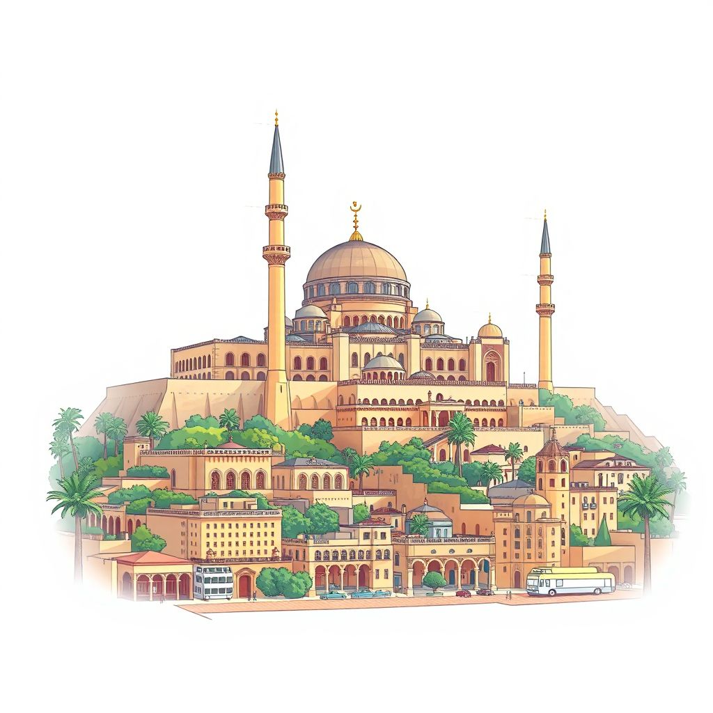 Ultra-high-definition gradient illustration style Bir El Djir illustration, showing the unique charm of the Great Mosque of Oran, the Bey's Palace, and the historic city center.