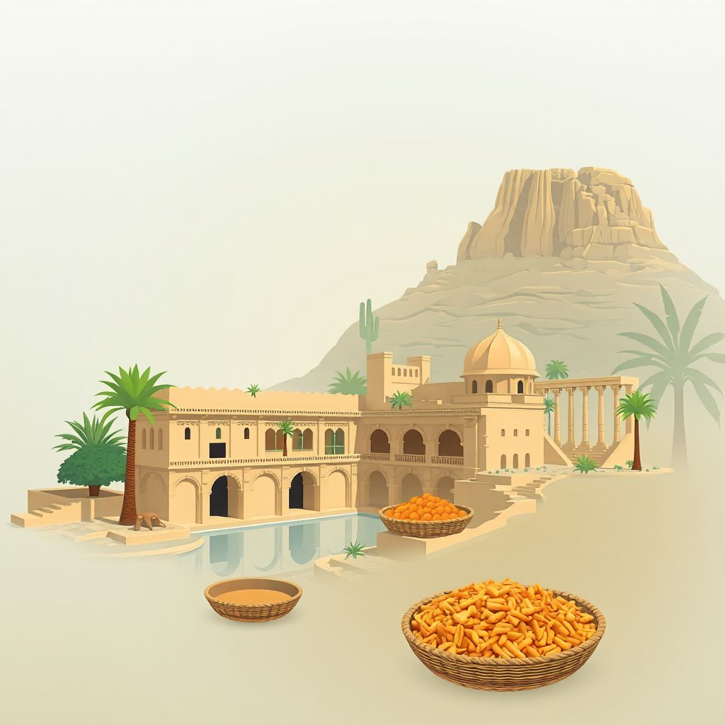 Ultra-high-definition gradient illustration style Hammam Dalaa illustration, showing the unique charm of the Hammam Dalaa Baths and the ancient ruins of Djebel Aissa.