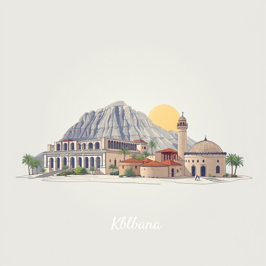 Ultra-high-definition gradient illustration style Khoubana illustration, showing the unique charm of the historic ruins of Djebel Aouana and traditional Algerian couscous.