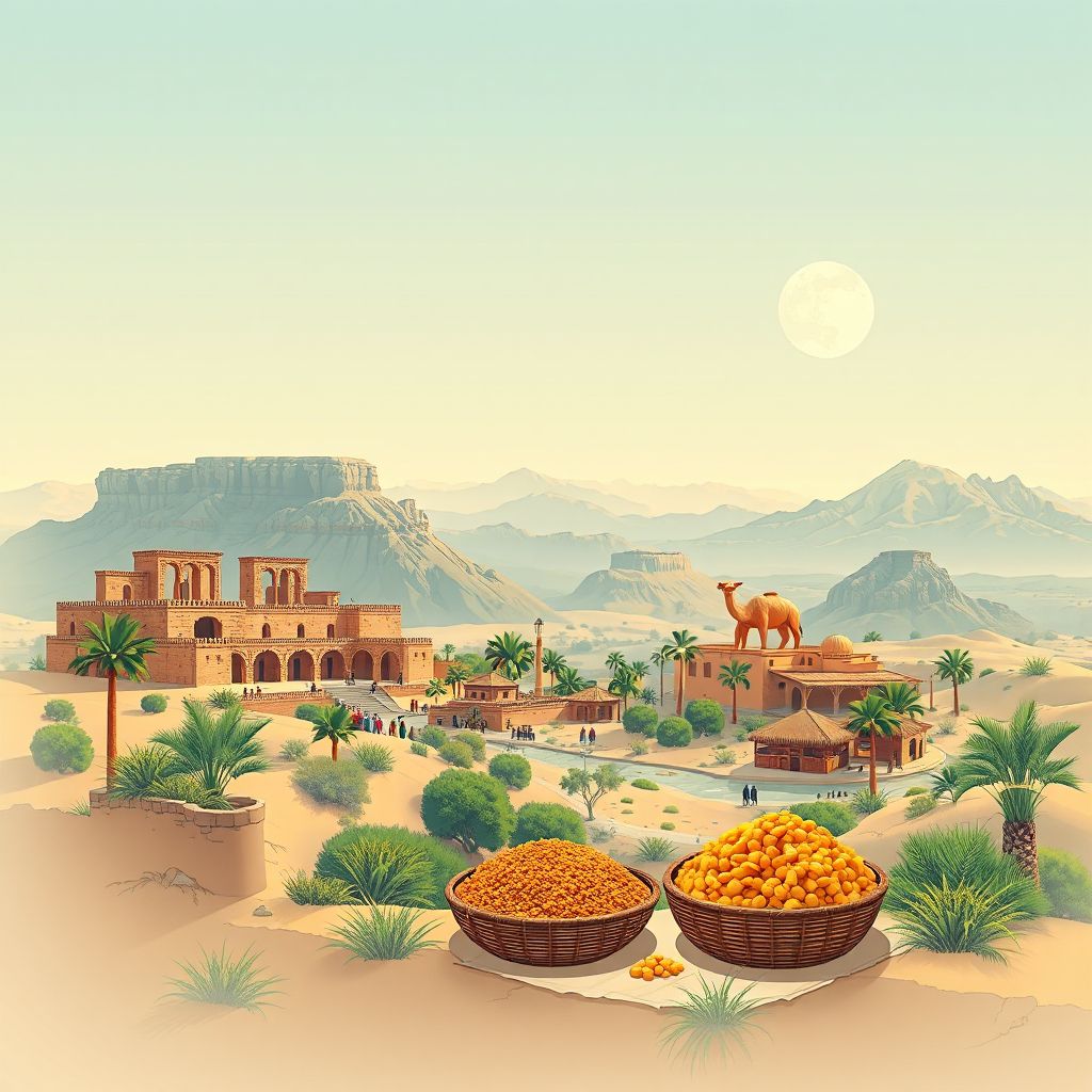 Ultra-high-definition gradient illustration style Magra illustration, showing the unique charm of the ancient ruins of Tiddis, the beautiful landscapes of the Saharan Atlas.