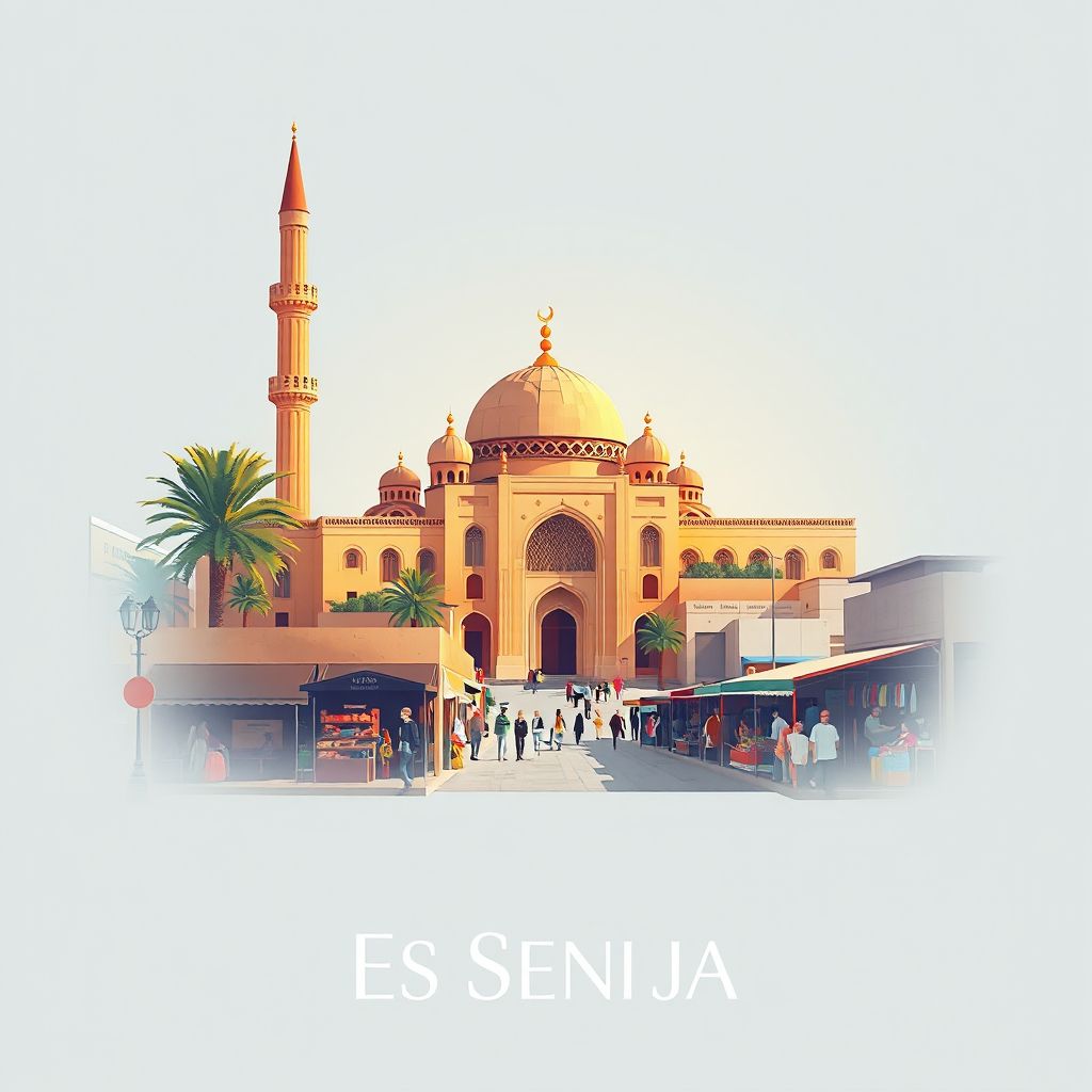 Ultra-high-definition gradient illustration style Es Senia illustration, showing the unique charm of the Es Senia Mosque and vibrant local markets.